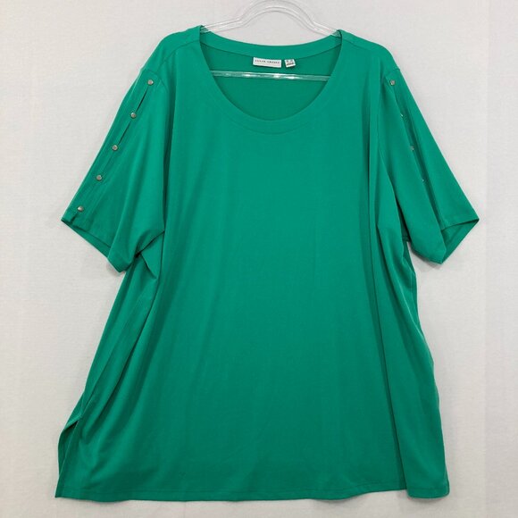 Susan Graver size 3X Kelly Green Button Sleeve Detail Liquid Knit Comfy Blouse - Picture 1 of 10